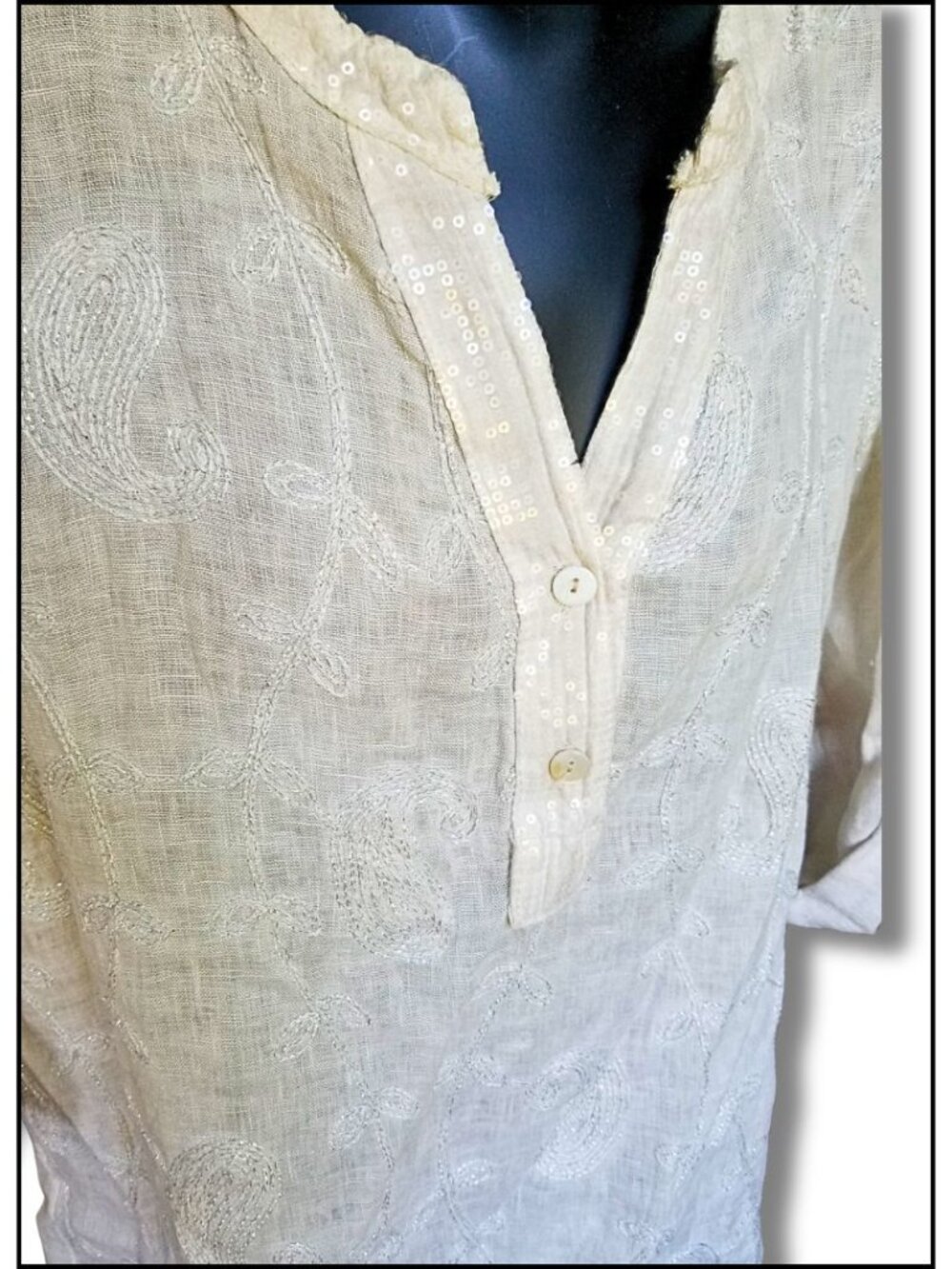 NWT 100% Italian Linen Embroidered Tunic - White/Beige